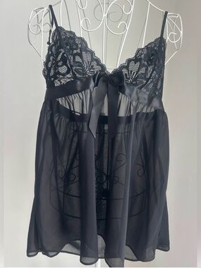 La Senza Black Lace V Neck Babydoll Lingerie Sheer Slip Dress /Size Small